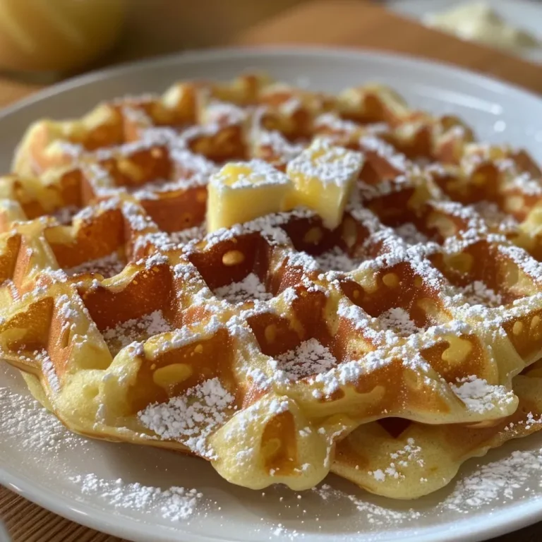 ['Close-up side view of golden-brown waffles stacked on a plate, glistening with syrup.', 'A delicious stack of fluffy waffles displaying a crispy exterior, ready to be enjoyed.', 'Juicy, homemade waffles with a soft texture, presented elegantly on a white plate.', 'Side view of warm waffles topped with a drizzle of syrup, showcasing their inviting look.']