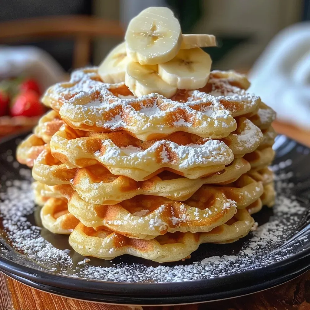 ['Close-up side view of golden-brown waffles stacked on a plate, glistening with syrup.', 'A delicious stack of fluffy waffles displaying a crispy exterior, ready to be enjoyed.', 'Juicy, homemade waffles with a soft texture, presented elegantly on a white plate.', 'Side view of warm waffles topped with a drizzle of syrup, showcasing their inviting look.']