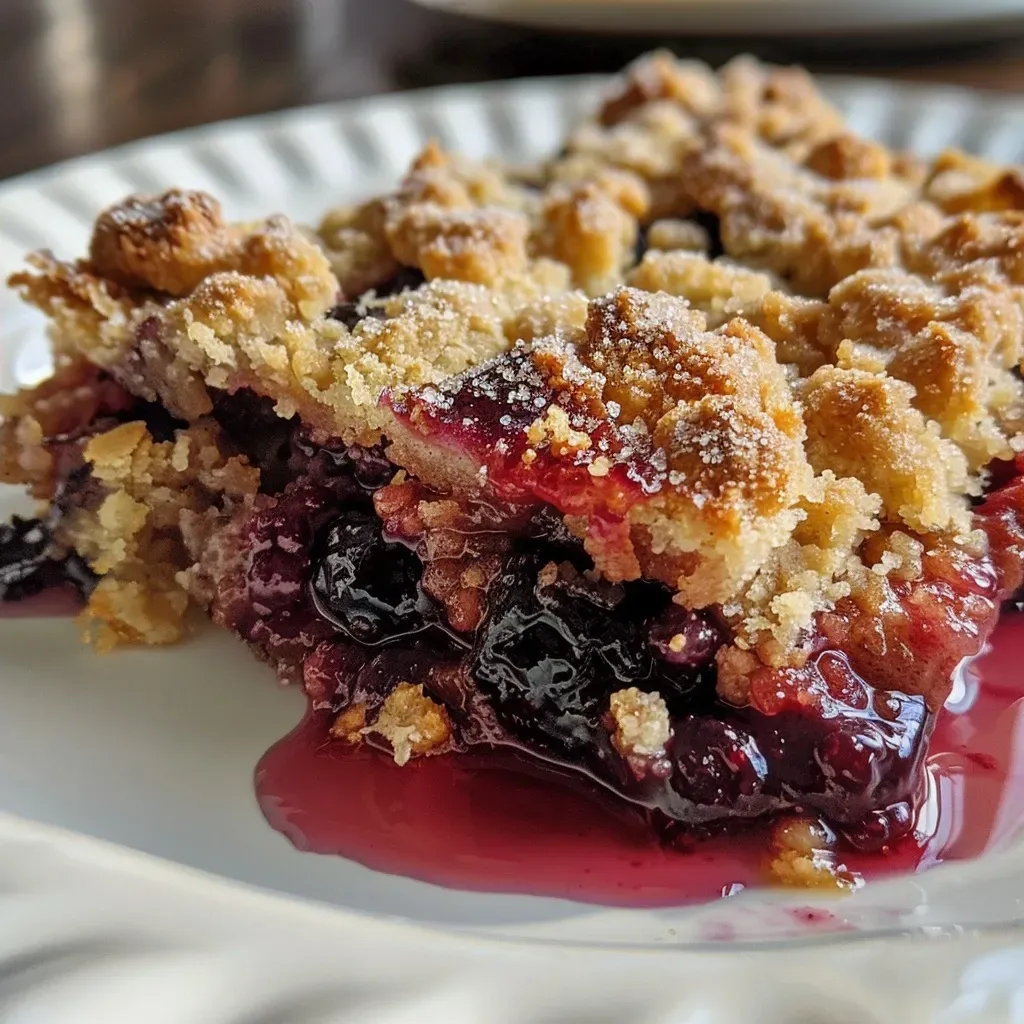Close-up view of a juicy blackberry crumble in a baking dish.
