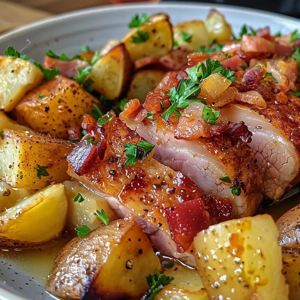 A close-up view of a steaming bowl of Eintopf with pears, green beans, and bacon.