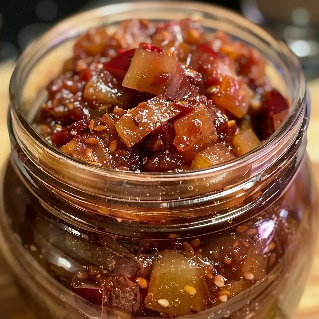 ['Close-up photo of juicy Feigen-Chutney in a glass jar with a spoon.', 'Side view of Feigen-Chutney with visible pieces of figs and spices in a bowl.', 'Appetizing Feigen-Chutney presented in a decorative dish, showcasing vibrant colors.', 'Freshly made Feigen-Chutney beside its ingredients, highlighting texture and color.']