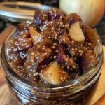 ['Close-up of a bowl of fig chutney with a chunky texture and visible ingredients.', 'Side view of delicious fig chutney with figs and spices highlighted.', 'Juicy fig chutney shown in a bowl, emphasizing the rich color and ingredients.', 'Textured fig chutney in a dish, showcasing the blend of figs, spices, and onions.']