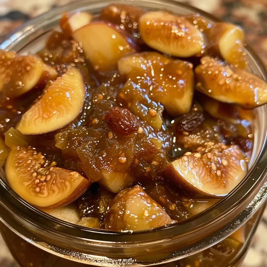 ['Close-up of a bowl of fig chutney with a chunky texture and visible ingredients.', 'Side view of delicious fig chutney with figs and spices highlighted.', 'Juicy fig chutney shown in a bowl, emphasizing the rich color and ingredients.', 'Textured fig chutney in a dish, showcasing the blend of figs, spices, and onions.']