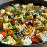 ['Close-up view of roasted potato and vegetable dish topped with crumbled feta cheese.', 'Juicy and colorful Feta Kartoffel Ofengemüse with chickpeas and fresh herbs.', 'Side view of a baked vegetable medley featuring potatoes, peppers, and feta cheese.', 'Delicious roasted vegetable plate with chickpeas, feta, and vibrant colors.']