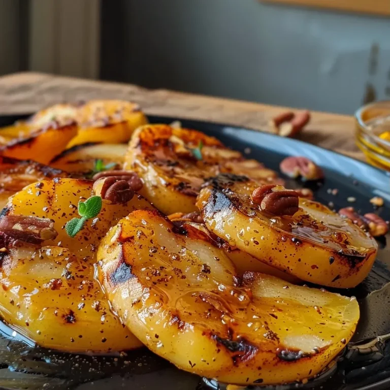 ['Close-up view of grilled apple slices topped with cinnamon and honey.', 'Juicy grilled apples drizzled with honey and sprinkled with cinnamon.', 'Side view of warm, caramelized apple slices garnished with pecans.', 'Deliciously grilled apples with a golden glaze of honey and cinnamon.']