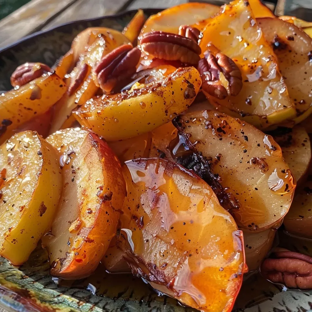 ['Close-up view of grilled apple slices topped with cinnamon and honey.', 'Juicy grilled apples drizzled with honey and sprinkled with cinnamon.', 'Side view of warm, caramelized apple slices garnished with pecans.', 'Deliciously grilled apples with a golden glaze of honey and cinnamon.']