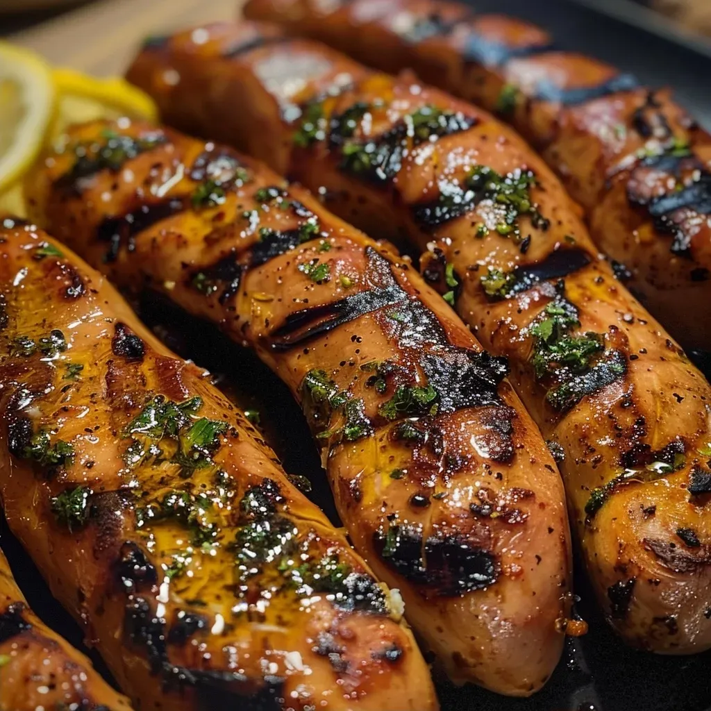 ['Close-up view of grilled cabbage skewers with a golden-brown finish.', 'Juicy Gegrillte Kohlspieße presented on a wooden board, garnished with herbs.', 'Side view of succulent grilled cabbage skewers with grilling marks and spices visible.', 'Freshly grilled cabbage skewers glistening with olive oil and herbs.']