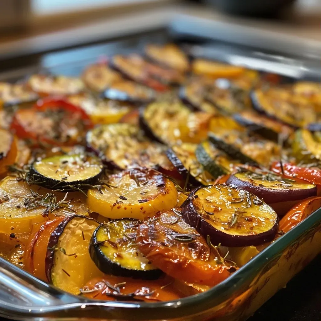 ['Close-up of roasted vegetables including carrots, zucchini, and potatoes.', 'Side view of a colorful mix of oven-roasted vegetables on a plate.', 'Juicy and vibrant roasted carrots, zucchini, and red onion.', 'Appetizing display of baked vegetables garnished with herbs.']