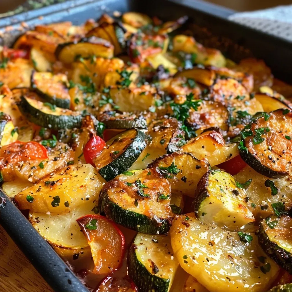 Close-up of roasted vegetables including carrots, zucchini, and potatoes.