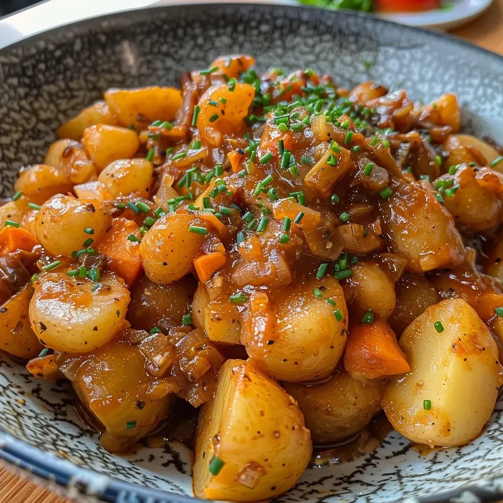 Close-up side view of a steaming bowl of Gemüseeintopf with maroni, showcasing vibrant vegetables.