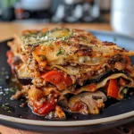['Close-up side view of a vibrant vegetable lasagne, showcasing layers of colorful vegetables and melted cheese.', 'A delicious vegetable lasagne presented from the side, displaying its rich filling and crispy top layer.', 'Side profile of a juicy vegetable lasagne, highlighting the various diced vegetables and cheese layers.', 'Close-up of a homemade vegetable lasagne, featuring aubergine, courgette, and melted cheese.']
