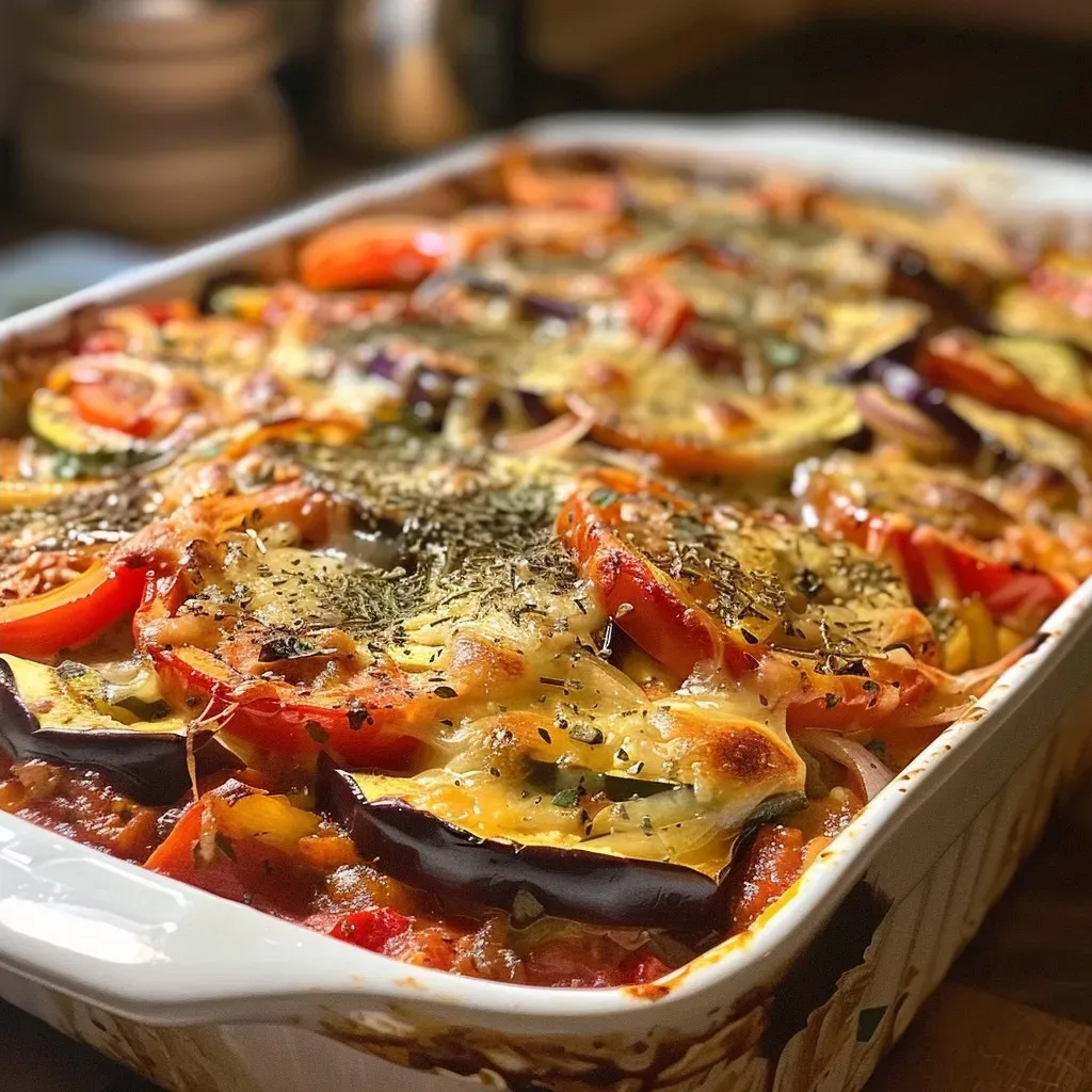 ['Close-up side view of a vibrant vegetable lasagne, showcasing layers of colorful vegetables and melted cheese.', 'A delicious vegetable lasagne presented from the side, displaying its rich filling and crispy top layer.', 'Side profile of a juicy vegetable lasagne, highlighting the various diced vegetables and cheese layers.', 'Close-up of a homemade vegetable lasagne, featuring aubergine, courgette, and melted cheese.']