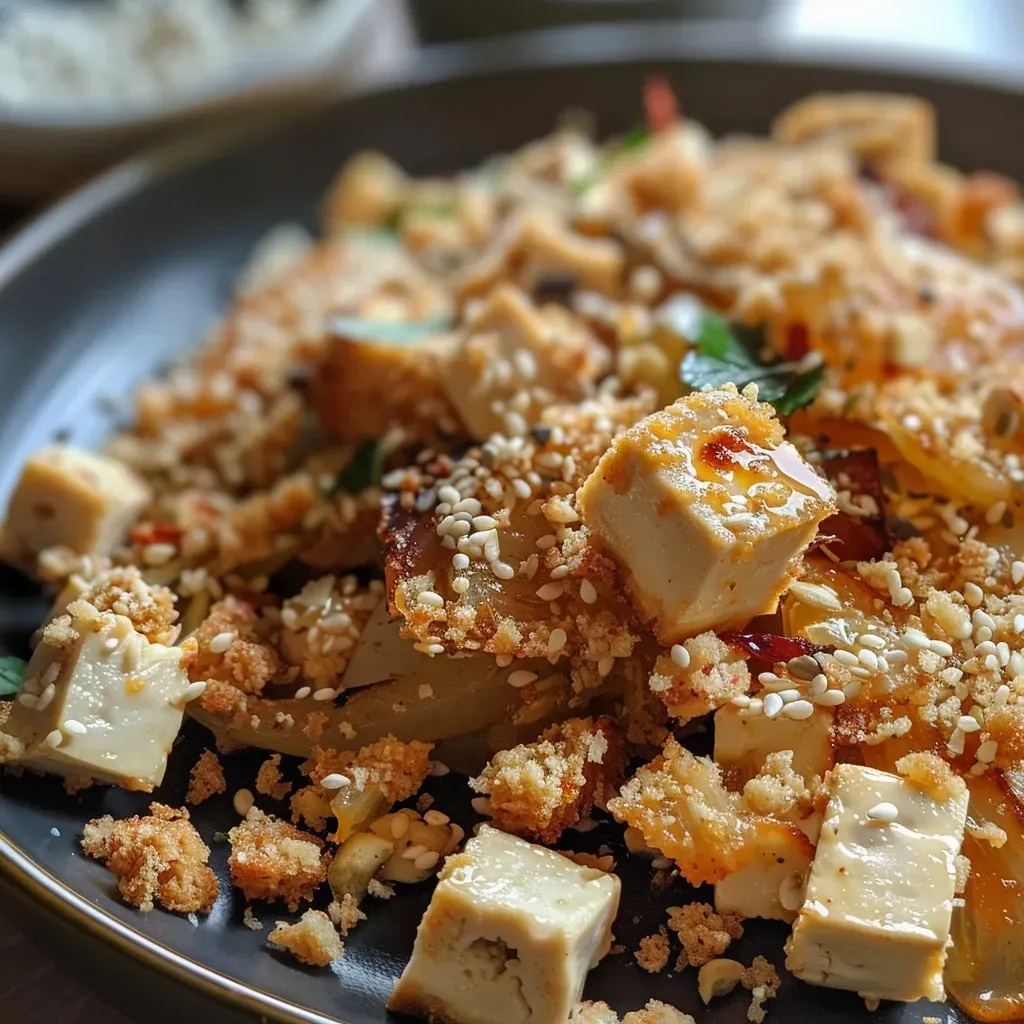 ['Close-up of roasted leeks topped with tofu crumble and vegan feta.', 'Side view of a dish featuring golden roasted leeks with a sprinkle of tofu and vegan cheese.', 'Delicious roasted leeks served with a savory tofu crumble and vegan feta.', 'Juicy roasted leeks garnished with a tofu crumble and creamy vegan feta.']