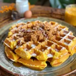 ['Close-up view of spiced pumpkin waffles drizzled with brown butter maple syrup and sprinkled with chopped pecans.', 'Juicy pumpkin waffles topped with a rich brown butter maple syrup and pecans, captured in natural light.', 'Side view of delicious pumpkin waffles with golden syrup and chopped nuts, emphasizing texture and color.', "A mouthwatering display of waffles featuring pumpkin flavors, syrup, and pecans, showcasing the dish's appeal."]