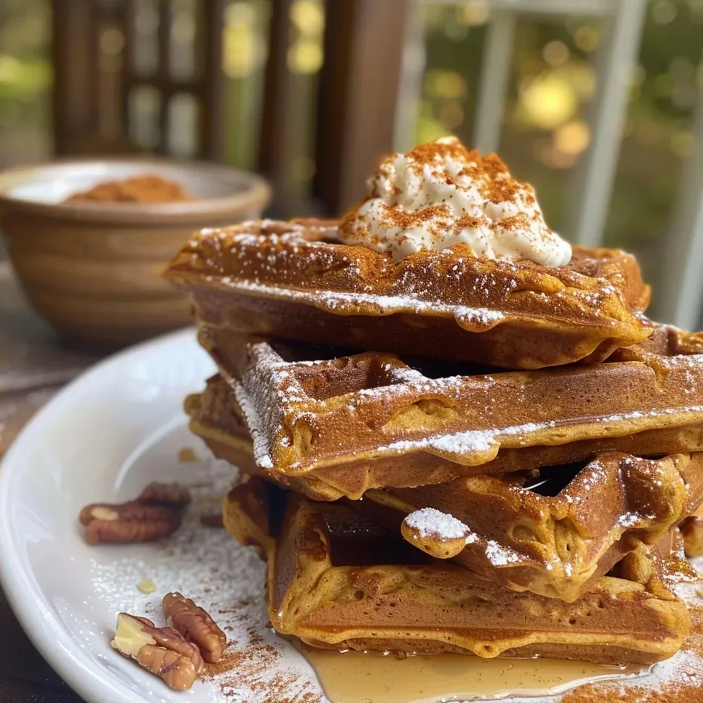 ['Close-up view of spiced pumpkin waffles drizzled with brown butter maple syrup and sprinkled with chopped pecans.', 'Juicy pumpkin waffles topped with a rich brown butter maple syrup and pecans, captured in natural light.', 'Side view of delicious pumpkin waffles with golden syrup and chopped nuts, emphasizing texture and color.', 