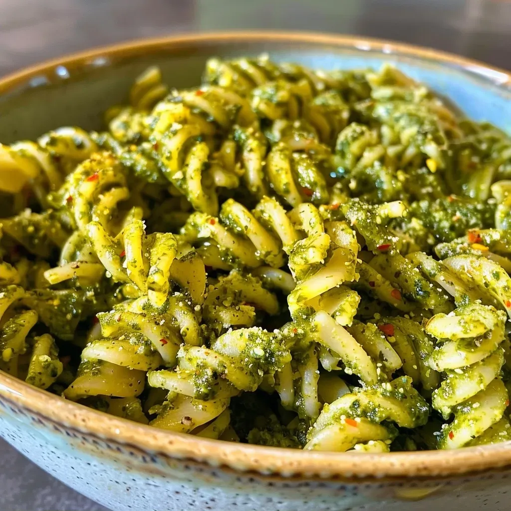 Close-up view of vegan pumpkin pesto pasta garnished with pumpkin seeds.