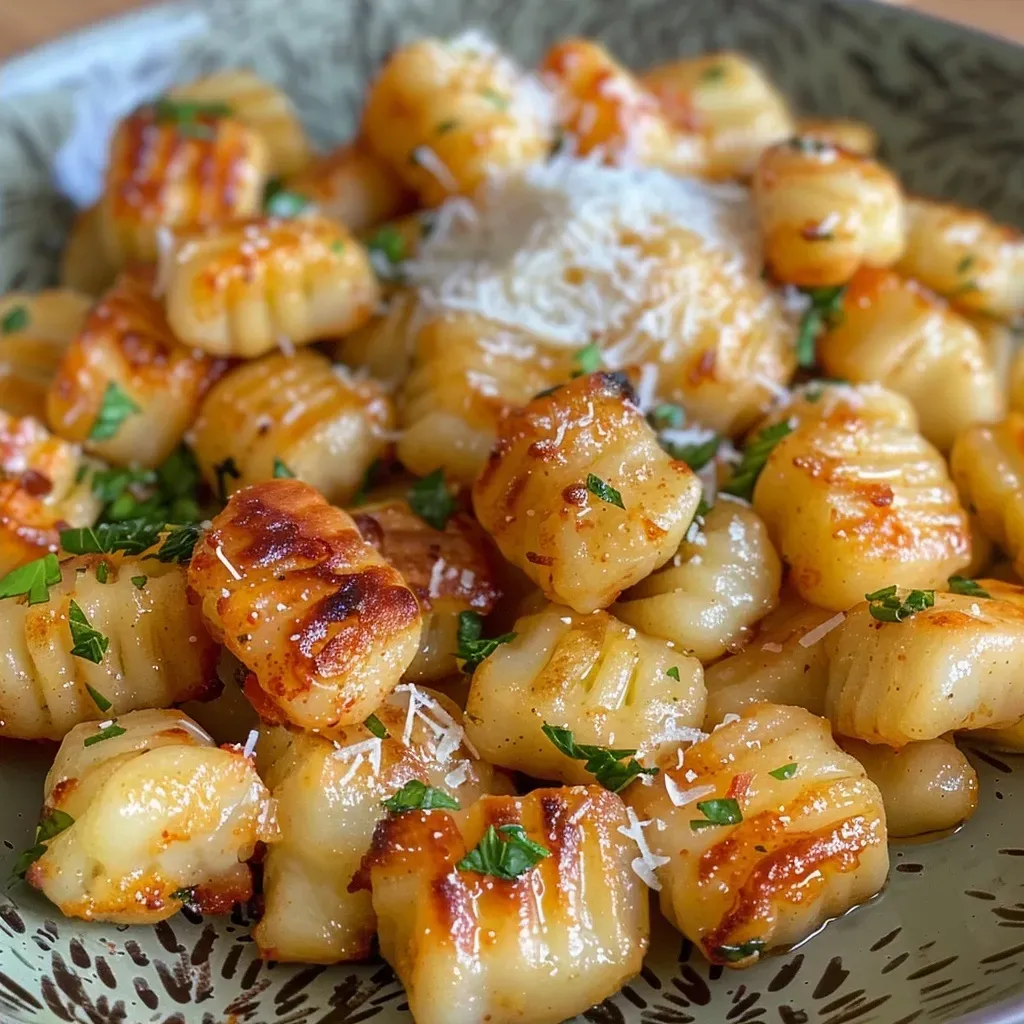 Close-up view of crispy Gnocchi with a golden crust, garnished with herbs.