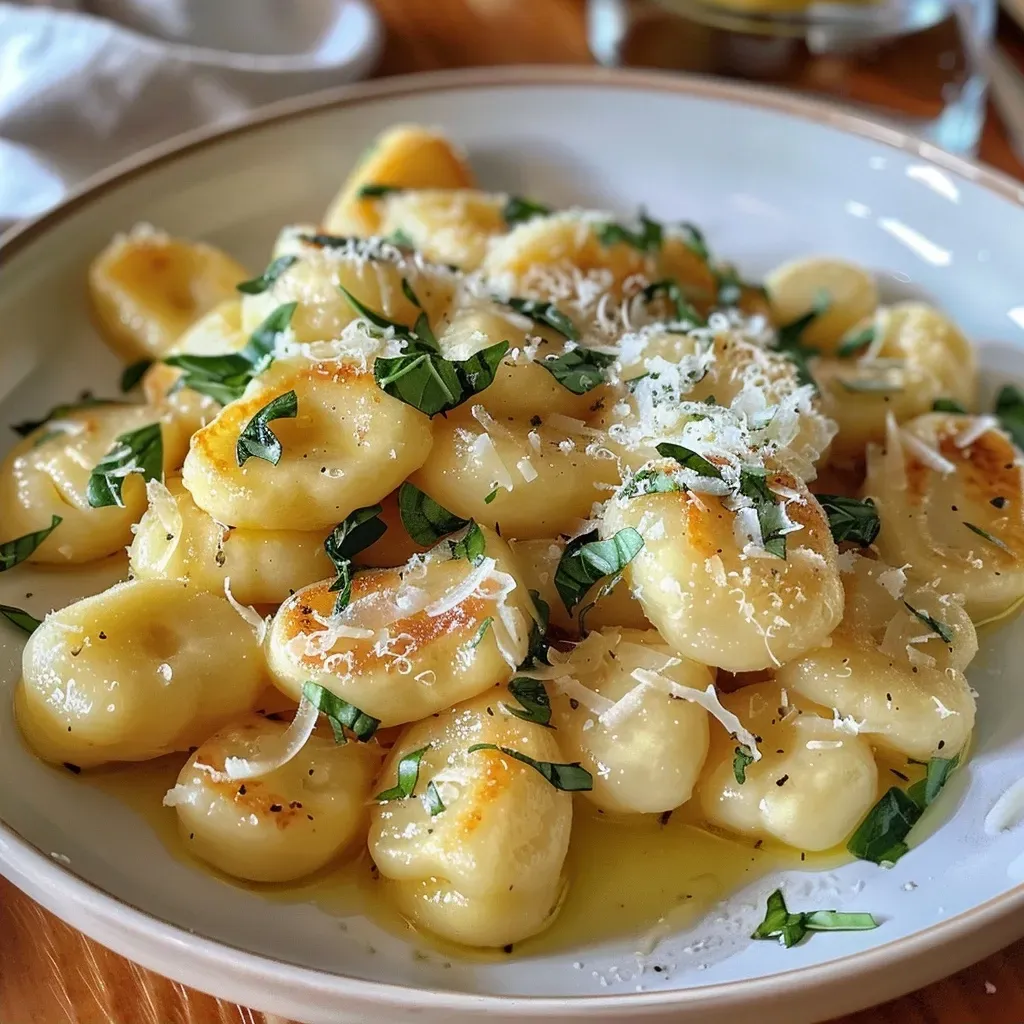 ['Close-up of juicy Gnocchi with brown butter, sage, and Parmesan from the side.', 'Detailed view of Gnocchi plated with melted butter and fresh sage, sprinkled with Parmesan.', 'Side shot of Gnocchi topped with brown butter and sage leaves, showcasing textures and colors.', 'Gnocchi garnished with Parmesan and sage, highlighting a warm, inviting dish.']