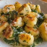 ['Close-up of creamy gnocchi with pumpkin and spinach sauce.', 'Juicy gnocchi plated with vibrant pumpkin and spinach sauce.', 'Detail shot of gnocchi topped with rich orange pumpkin sauce and fresh spinach.', 'Side view of delicious gnocchi garnished with creamy sauce and herbs.']