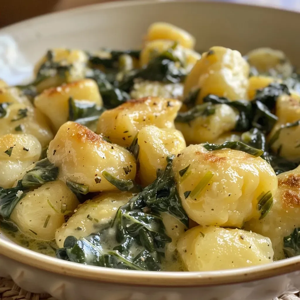 Close-up of creamy gnocchi with pumpkin and spinach sauce.