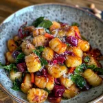 ['Close-up view of a colorful dish featuring gnocchi, beetroot, and kale.', 'Side view of a savory pan of gnocchi with roasted beetroot and fresh kale.', 'A delicious serving of gnocchi with vibrant red beetroot and dark green kale.', 'Textured gnocchi dish showcasing the rich colors of beetroot and kale.']