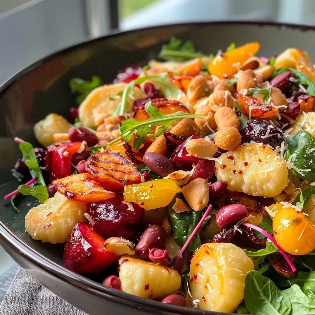 ['Close-up view of a colorful dish featuring gnocchi, beetroot, and kale.', 'Side view of a savory pan of gnocchi with roasted beetroot and fresh kale.', 'A delicious serving of gnocchi with vibrant red beetroot and dark green kale.', 'Textured gnocchi dish showcasing the rich colors of beetroot and kale.']