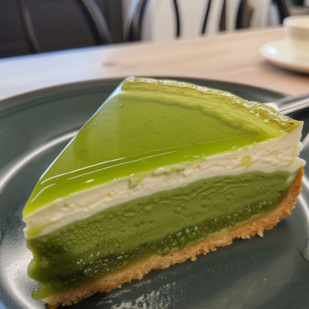 ['Side view of a slice of Grüner Hokkaido Cheesecake with a smooth green pumpkin filling.', 'Close-up of a creamy slice of Grüner Hokkaido Cheesecake showcasing its rich texture.', 'A decadent slice of Grüner Hokkaido Cheesecake on a plate, highlighting its colorful layers.', 'Detailed image of a slice of Grüner Hokkaido Cheesecake, featuring a buttery crust and vibrant filling.']