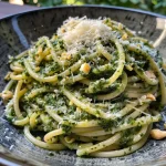 ['Close-up view of Grünkohl pesto pasta, showcasing the texture and vibrant green color.', 'Side angle of spaghetti coated in rich Grünkohl pesto, garnished with walnuts and cheese.', 'Delicious serving of Grünkohl pesto pasta, highlighting fresh green kale and a sprinkle of Parmesan.', 'Bowl of pasta with Grünkohl pesto, featuring visible leafy greens and a drizzle of olive oil.']