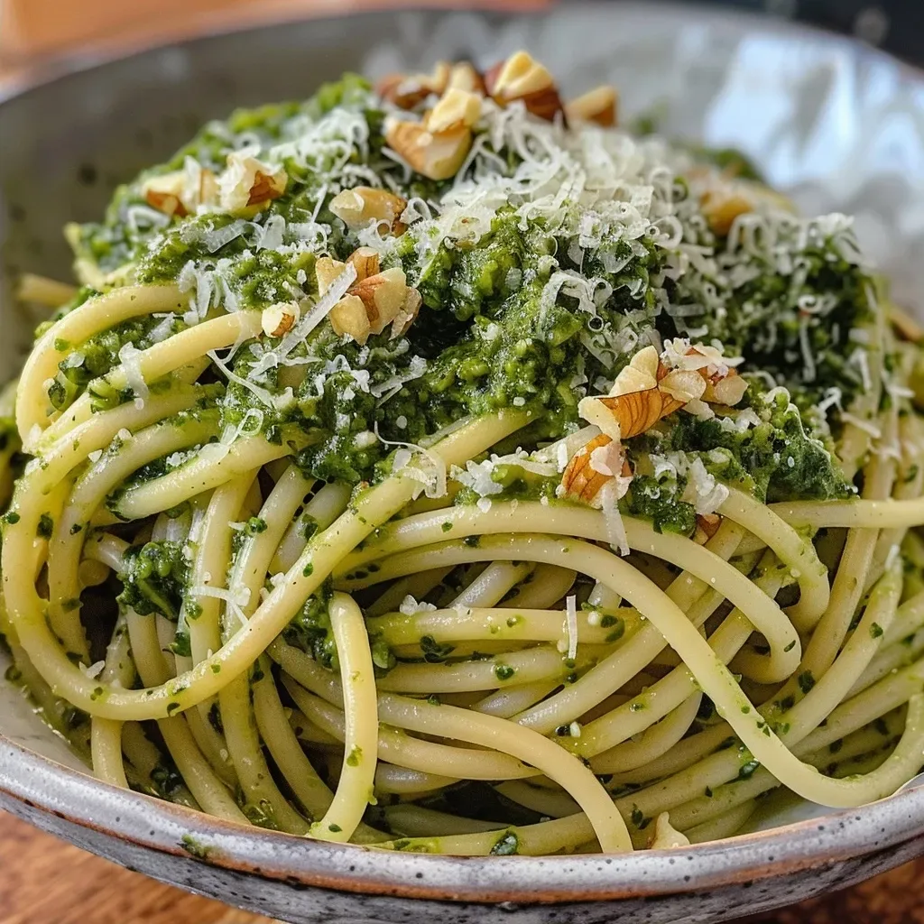 ['Close-up view of Grünkohl pesto pasta, showcasing the texture and vibrant green color.', 'Side angle of spaghetti coated in rich Grünkohl pesto, garnished with walnuts and cheese.', 'Delicious serving of Grünkohl pesto pasta, highlighting fresh green kale and a sprinkle of Parmesan.', 'Bowl of pasta with Grünkohl pesto, featuring visible leafy greens and a drizzle of olive oil.']