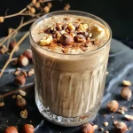 ['A close-up side view of a hazelnut cheesecake smoothie in a glass, garnished with crushed hazelnuts.', 'A creamy hazelnut cheesecake smoothie in a clear glass, highlighting its rich texture and garnished with crushed nuts.', 'A side view of a delicious hazelnut cheesecake smoothie, showcasing its creamy consistency and toppings.', 'A close-up image of a hazelnut cheesecake smoothie with a smooth surface and hazelnut garnish.']