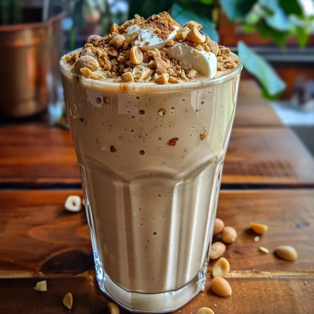 ['A close-up side view of a hazelnut cheesecake smoothie in a glass, garnished with crushed hazelnuts.', 'A creamy hazelnut cheesecake smoothie in a clear glass, highlighting its rich texture and garnished with crushed nuts.', 'A side view of a delicious hazelnut cheesecake smoothie, showcasing its creamy consistency and toppings.', 'A close-up image of a hazelnut cheesecake smoothie with a smooth surface and hazelnut garnish.']