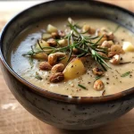 ['Close-up view of a bowl of hazelnut soup with garnishes.', 'Side view of creamy hazelnut soup in a rustic bowl.', 'Rich, textured hazelnut soup with herbs on top.', 'Freshly made hazelnut soup displayed in an elegant dish.']