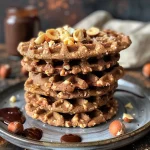 ['Close-up view of vegan, gluten-free hazelnut waffles on a plate.', 'Side view of crispy hazelnut waffles with syrup drizzled on top.', 'Textured hazelnut waffles displayed on a rustic table.', 'Fluffy, golden hazelnut waffles garnished with nuts and chocolate.']