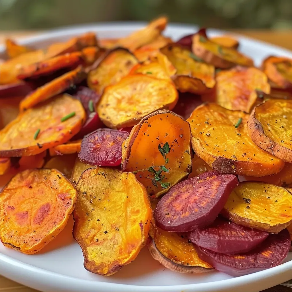 ['Close-up view of homemade veggie chips showcasing vibrant colors of golden beetroot, zucchini, and carrot.', 'A colorful arrangement of baked vegetable chips, featuring golden beetroot, sweet potato, and zucchini slices.', 'Side view image of assorted veggie chips including beetroot, zucchini, and rutabaga displayed on a plate.', 'Juicy and crunchy homemade vegetable chips in various shapes and colors, arranged artistically.']