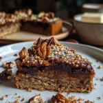 ['Close-up view of a moist Herbstlicher Maronenkuchen with a rich glaze.', 'Side perspective of a delicious chestnut cake, showcasing its texture and toppings.', 'Detailed shot of a Herbstlicher Maronenkuchen, highlighting the chocolate and nut toppings.', 'Close-up of a rich and layered chestnut cake, emphasizing its garnishes.']