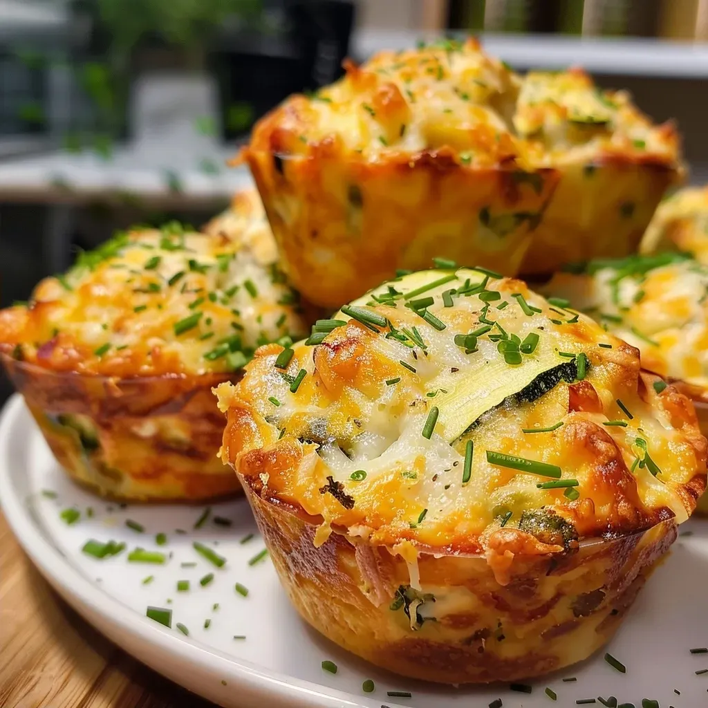 ['Close-up of savory protein muffins with visible chunks of chicken, cheese, and vegetables.', 'Side view of protein muffins showcasing a golden-brown crust and colorful ingredients.', 'Juicy protein muffins with a texture highlighting cottage cheese and peppers.', 'Delicious protein muffins with a moist interior and toppings of cheese and zucchini.']
