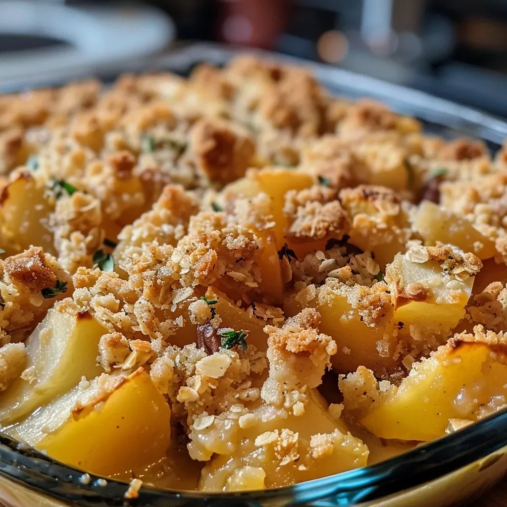 ['Close-up of a Herzhaftes Apfel-Sellerie-Crumble, showcasing layers of apples and celery topped with a golden crust.', 'Side view of Herzhaftes Apfel-Sellerie-Crumble, highlighting the buttery crumble and fresh apple pieces.', 'Juicy Herzhaftes Apfel-Sellerie-Crumble, with visible chunks of apple and a sprinkle of oats on top.', 'Detailed shot of Herzhaftes Apfel-Sellerie-Crumble, featuring a crispy topping over a warm, savory filling.']