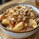 ['Close-up of a delicious high-protein apple crumble topped with oats and a golden crust.', 'A side view of warm apple crumble with diced apples and a crunchy topping on a white plate.', 'Juicy apple crumble dessert, showcasing the apple pieces and oat mixture in vivid detail.', 'High-protein apple crumble featuring cinnamon and honey, with a melt-in-your-mouth crust.']