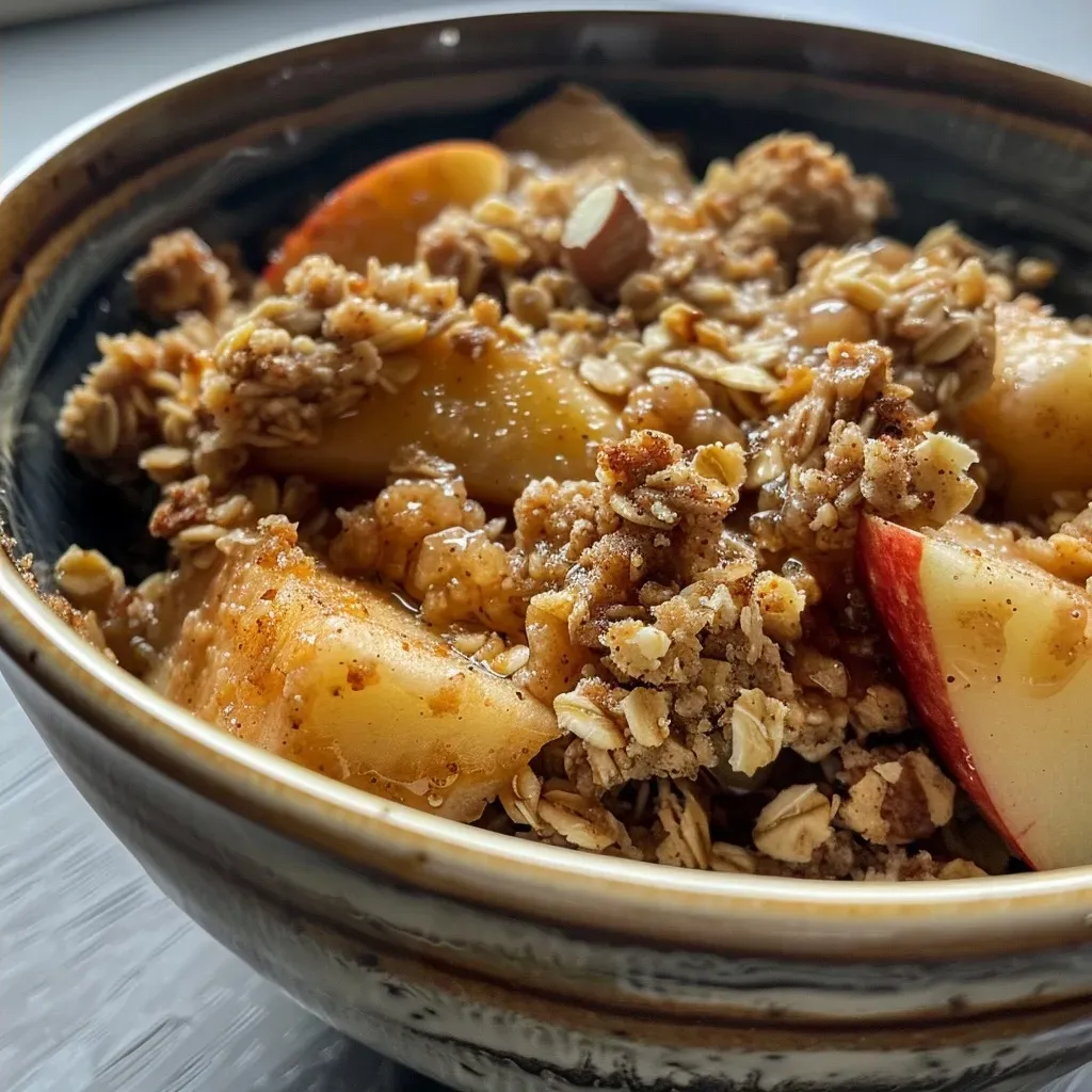 Close-up of a delicious high-protein apple crumble topped with oats and a golden crust.