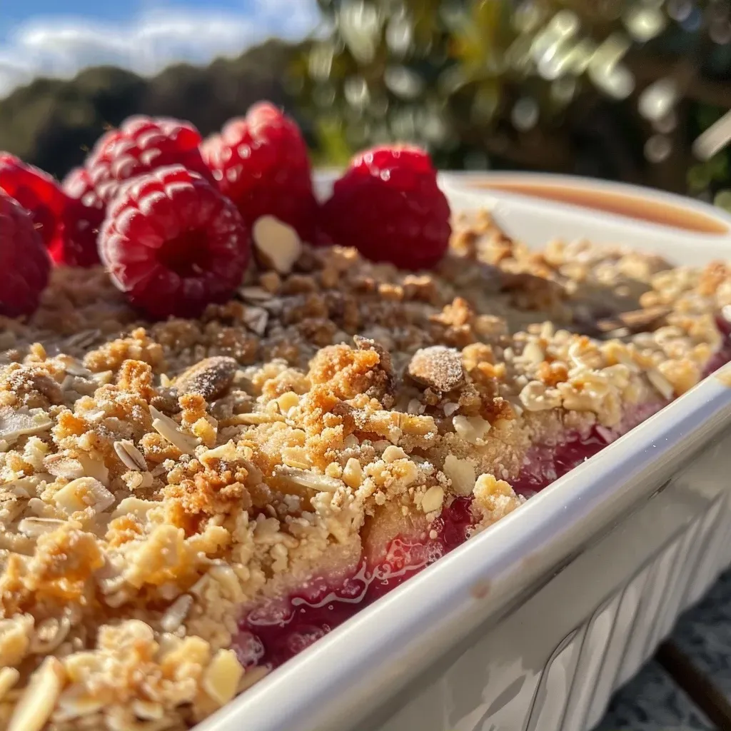 Close-up view of a juicy high-protein berry crumble with raspberries and oats.