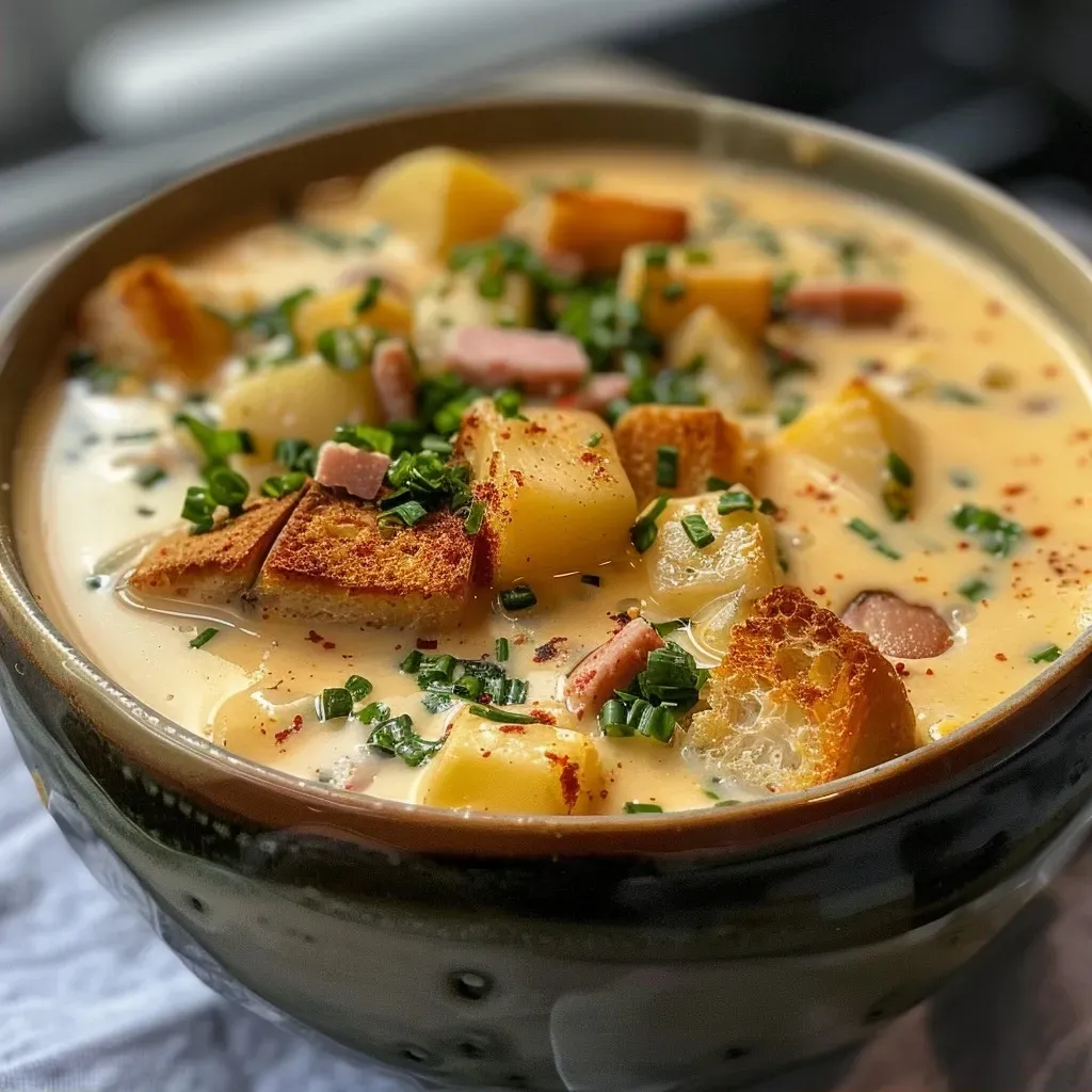 ['Close-up of a steaming bowl of Holsteiner Erbsensuppe with visible green peas and garnishes.', 'Side view of a hearty Holsteiner Erbsensuppe, showcasing its creamy texture and vibrant color.', 'Detailed photograph of Holsteiner Erbsensuppe in a bowl, highlighting the ingredients and richness.', 'Artistic side view of Holsteiner Erbsensuppe, emphasizing its delicious and inviting appearance.']