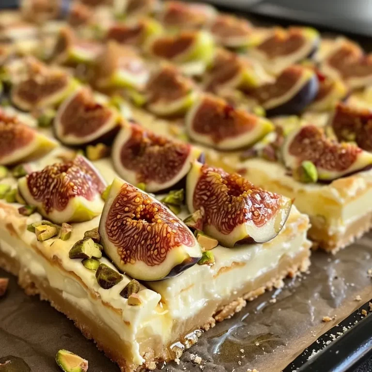 ['A side view of Honey Fig Cheesecake Bars topped with fresh figs and pistachios.', 'Close-up of creamy cheesecake bars with honey and figs, showcasing the textured layers.', 'Dessert photograph featuring cheesecake bars with a golden crust and fig slices on top.', 'View of rich cheesecake bars adorned with nuts and honey, highlighting the fresh fig topping.']