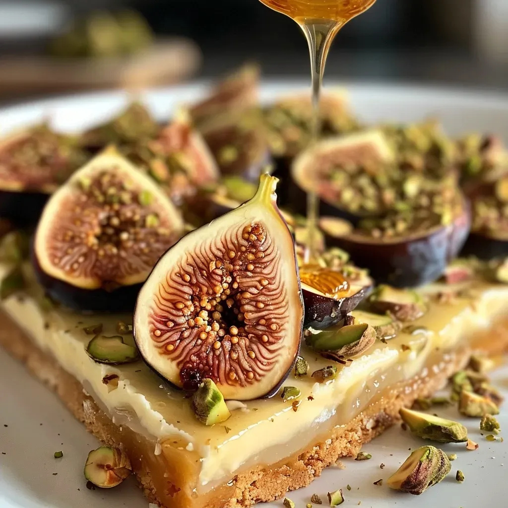 A side view of Honey Fig Cheesecake Bars topped with fresh figs and pistachios.