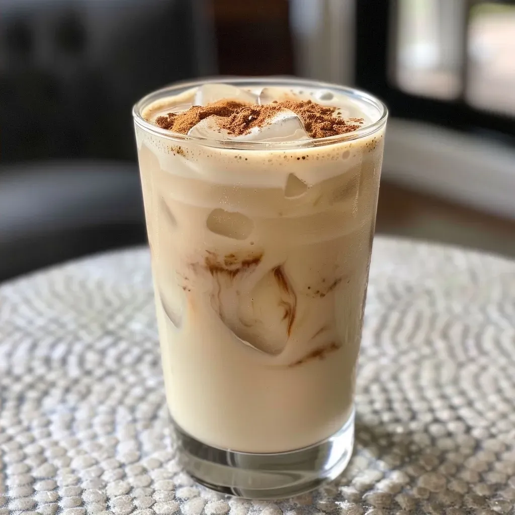 ['Close-up of a refreshing iced chai latte with a creamy texture and ice cubes.', 'Side view of an iced chai latte in a clear glass, showcasing its layered appearance.', 'Iced chai latte with a pinch of spice on top, served in a stylish glass.', 'A delicious iced chai latte with visible chai spices and a frothy milk layer.']