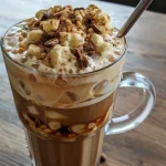 ['Close-up of a cold hazelnut oat latte with ice cubes and hazelnut pieces.', 'Side view of a refreshing kaltes haselnuss haferlatte in a glass with coffee beans nearby.', 'Iced hazelnut oat latte displayed against a blurred background, highlighting its creamy texture.', 'Glass of cold oat latte filled with ice, topped with chopped hazelnuts and a rich coffee color.']