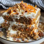 ['Close-up view of a bowl of carrot cake oatmeal topped with yogurt, nuts, and shredded carrots.', 'Side view of creamy oatmeal with shredded carrots and toppings, featuring a fork beside the bowl.', 'A vibrant bowl of carrot cake oatmeal garnished with chopped nuts and a drizzle of maple syrup.', 'Delicious carrot cake oatmeal served in a bowl with a sprinkle of cinnamon and raisins on top.']