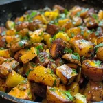 ['Close-up of a savory Kartoffel-Maronen-Pfanne dish with golden potatoes and chestnuts.', 'Side view of a delicious potato and chestnut skillet garnished with fresh herbs.', 'A hearty Kartoffel-Maronen-Pfanne, showing crispy potatoes and tender chestnuts in a skillet.', 'An aromatic pan of Kartoffel-Maronen-Pfanne with visible onion and herb seasoning.']