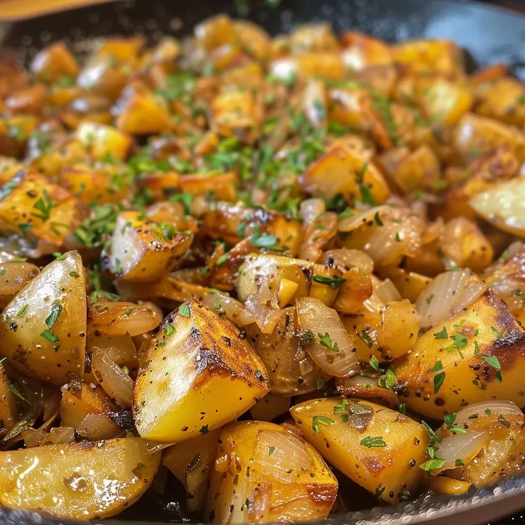 ['Close-up of a savory Kartoffel-Maronen-Pfanne dish with golden potatoes and chestnuts.', 'Side view of a delicious potato and chestnut skillet garnished with fresh herbs.', 'A hearty Kartoffel-Maronen-Pfanne, showing crispy potatoes and tender chestnuts in a skillet.', 'An aromatic pan of Kartoffel-Maronen-Pfanne with visible onion and herb seasoning.']