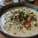 ['Side view of a creamy chestnut soup in a bowl, garnished with herbs.', 'Close-up of Kastaniencremesuppe, showcasing a smooth, rich texture.', 'Delicious chestnut soup served in a rustic bowl, with a spoon beside it.', 'Appetizing image of Kastaniencremesuppe, highlighting its creamy consistency.']