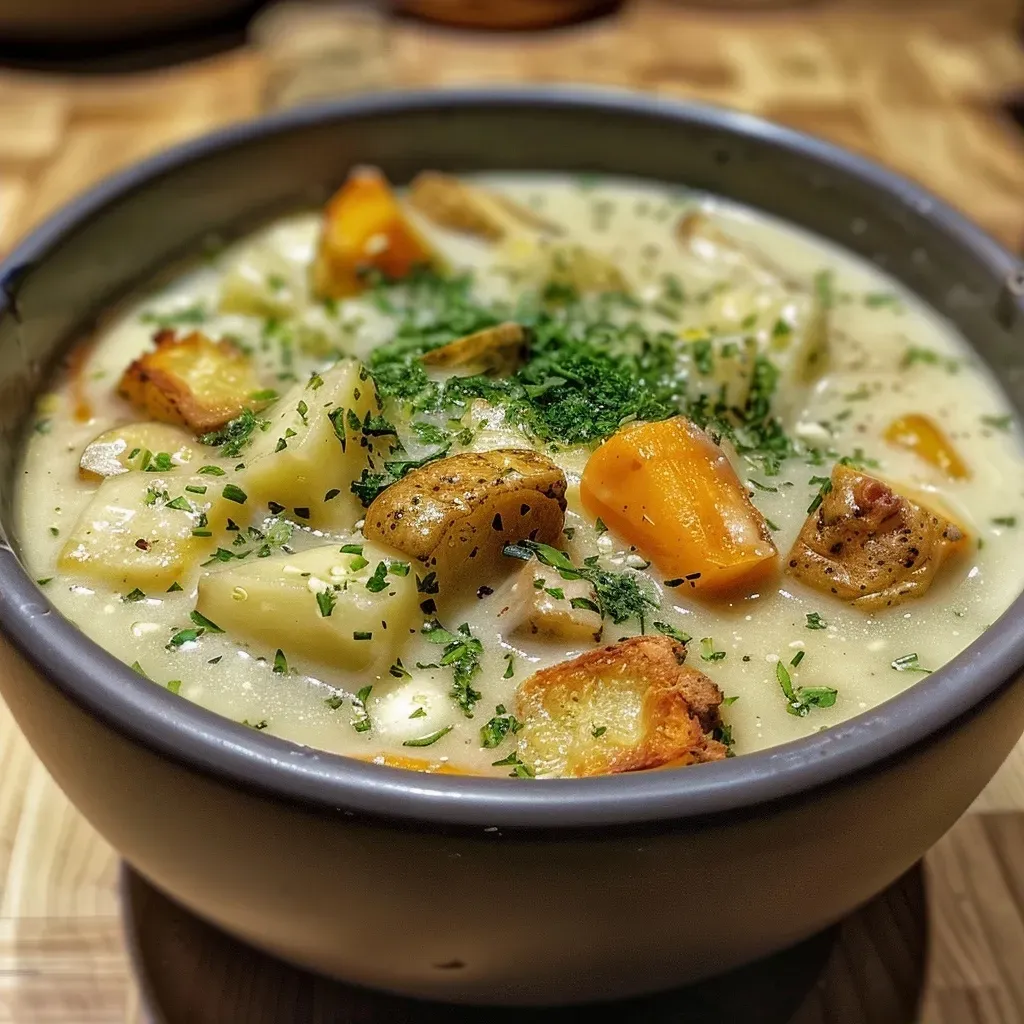 ['Side view of a creamy chestnut soup in a bowl, garnished with herbs.', 'Close-up of Kastaniencremesuppe, showcasing a smooth, rich texture.', 'Delicious chestnut soup served in a rustic bowl, with a spoon beside it.', 'Appetizing image of Kastaniencremesuppe, highlighting its creamy consistency.']